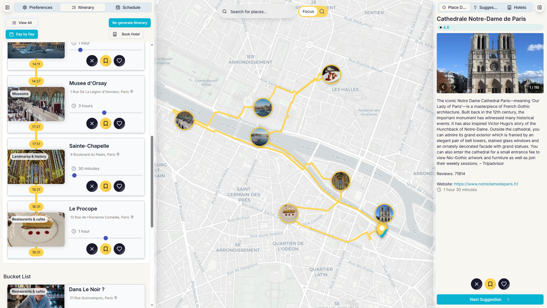 AI-Generated Optimized Itinerary - Timeline view showing optimized daily schedule with travel routes, timing estimates, and activity recommendations based on your preferences